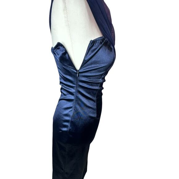 Womans Blue Mesh One Shoulder Sheer Split Thigh Knee Length Satin Dress Size S - Picture 7 of 10